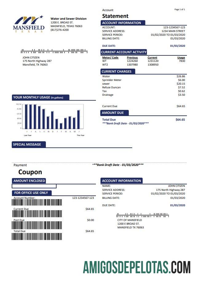 realista Modelo de conta de serviços públicos dos EUA Mansfield Texas em formato Word e PDF (.doc e .pdf)